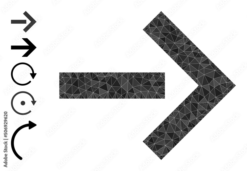 Poster vector lowpoly move right icon illustration is combined with scattered filled triangle items. triang