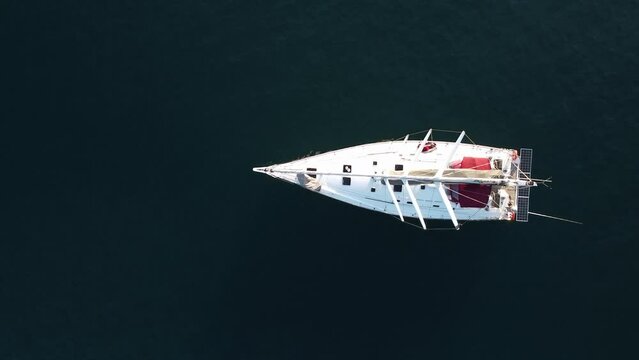 Sailing yacht at sea, top view. Sailing Yacht at sunset at sea