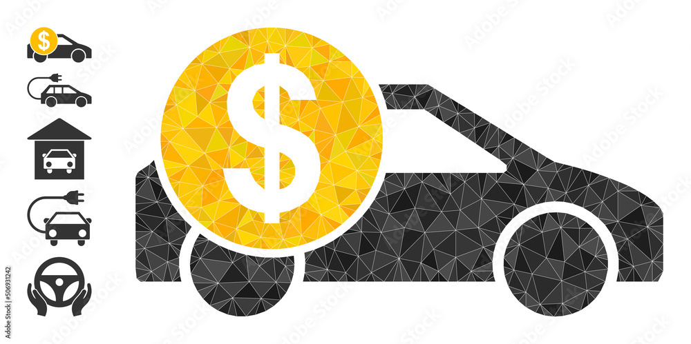 Poster vector lowpoly car cost icon image combined with random filled triangle items. triangle car cost pol