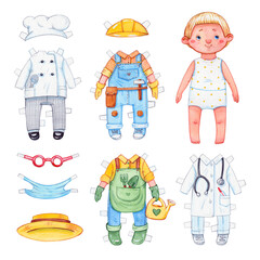 hand drawn paper doll play kit or set of little boy with professional work clothing isolated on white background. illustration, children leisure games and professions