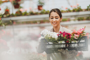 Greenhouse Worker With Flowers