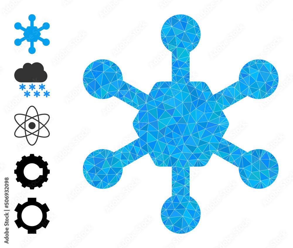 Poster vector triangulated snow flake icon image is combined of chaotic filled triangle items. triangulated