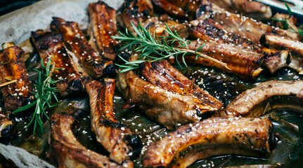 Roast pork ribs in the oven, home cooking.