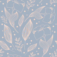 Floral linear pattern. Outline seamless illustration with flower and leaves