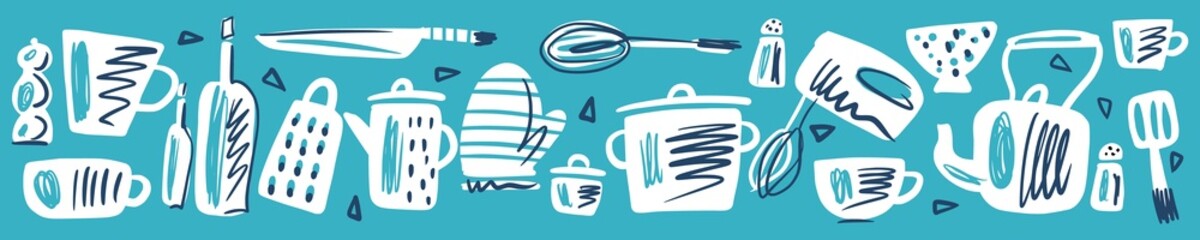 Illustration of a pattern with kitchen utensils drawn by hand. Scandinavian style © Abundzu
