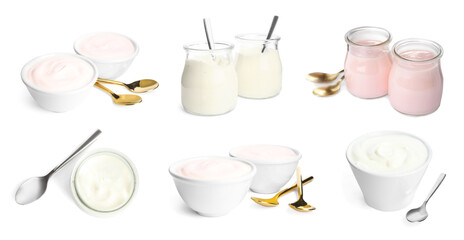 Set with tasty yogurts on white background. Banner design