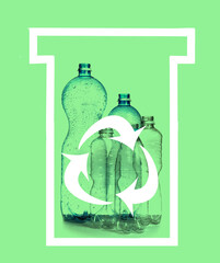 Illustration of recycling symbol and empty plastic bottles on light green background