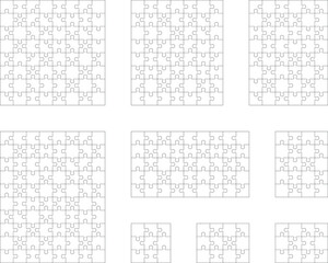 Illustration of nine white puzzles, separate pieces	