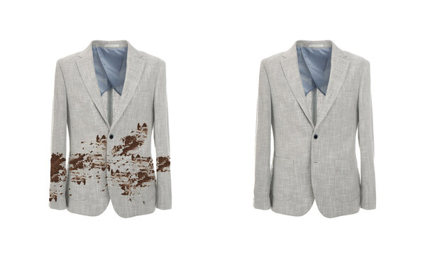 Stylish suit jacket before and after washing on white background, collage. Dry-cleaning service