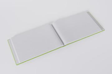 Mockup of a rectangular open book with a blank, glossy, green cover on white background. Isolated with clipping path.	