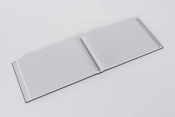 Mockup of a rectangular open book with a blank, glossy, black cover on white background. Isolated with clipping path.	