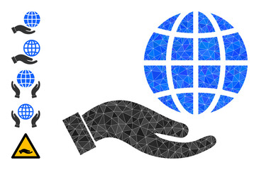 Vector lowpoly peace care hand icon illustration is constructed with random filled triangle items. Triangulated peace care hand polygonal 2d vector illustration.