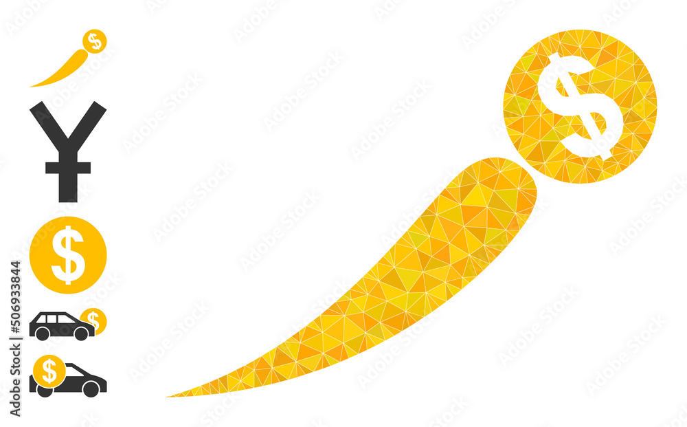 Poster vector low-poly growing price icon image is combined with scattered filled triangles. triangle growi