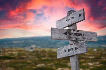 know yourself better quote caption text written engraved on wooden signpost outdoors in nature with dramatic red skies. - obrazy, fototapety, plakaty