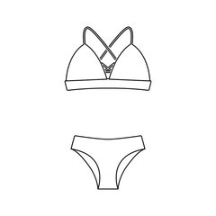 Swimwear women's clothing collection badges vector. Glamor beach suit, women's bikini, underwear for swimming, women's beachwear concept line icons. Monochrome Contour Illustrations
