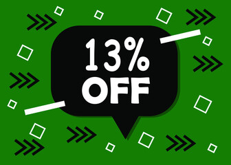 13 percent discount badge for promo design. Poster badge in black and green. Business design. Vector illustration.