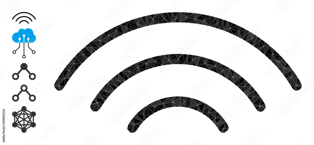 Poster vector low-poly wireless waves icon illustration combined with randomized filled triangles. triangle
