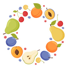 Round frame of fresh garden fruits and berries. Organic vegan food.