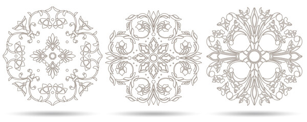 A set of contour illustrations in the stained glass style with floral motifs , dark contours on a white background