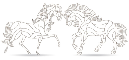Set of illustrations in stained glass style with contur horses, outline animals isolated on a white background
