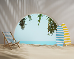Summer podium showcase product presentation with surfboard and beach chair on sand background. Palm tree on background. 3d digital render display podium.