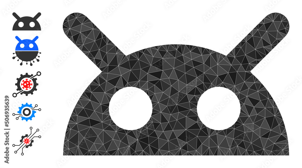 Poster vector low-poly robot head icon illustration is combined with randomized filled triangle parts. tria