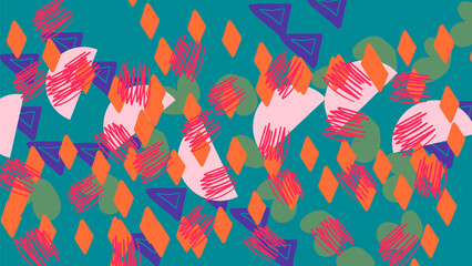 Fantasy messy doodle geometric shapes background. Abstract card, layout.