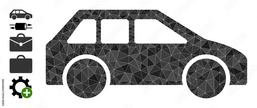 Poster vector triangulated car icon illustration is constructed from random filled triangles. triangle car 
