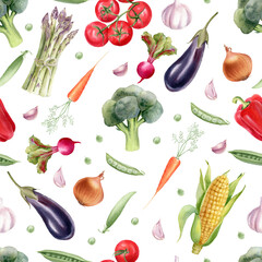 Vegetables seamless pattern. Watercolor illustration. Broccoli, tomato, carrot, pepper, asparagus, garlic, zucchini, corn,  green peas.