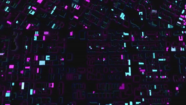 Flight on a stylized city created with magenta and cyan neon