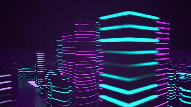 Turnaround of a stylized city created with magenta and cyan neon\