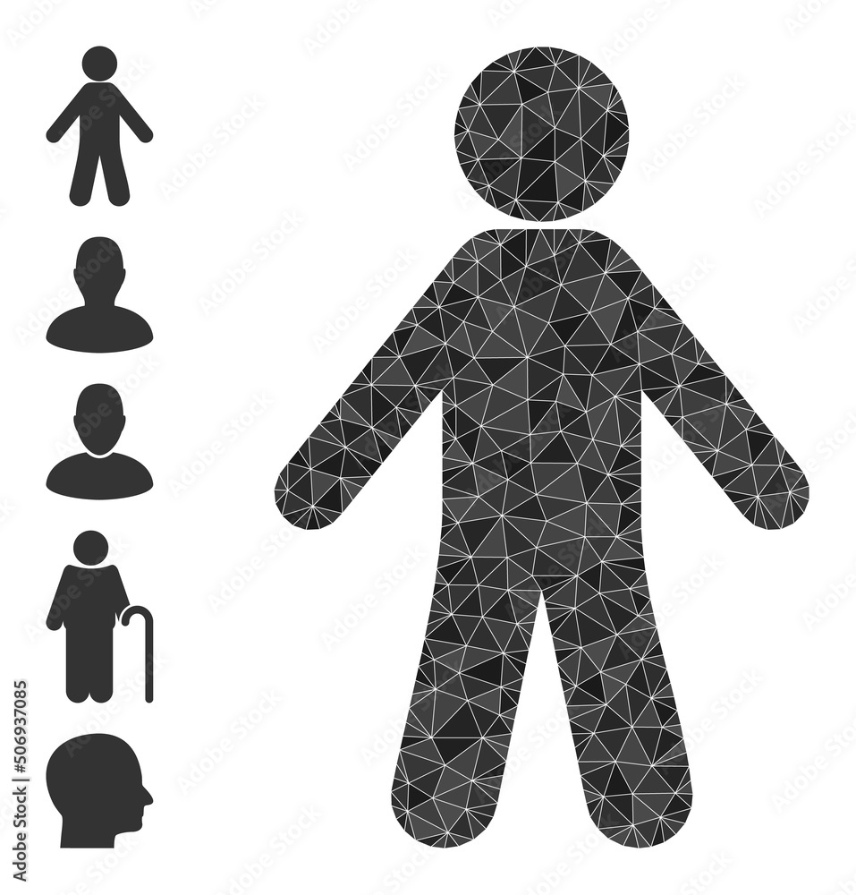 Poster vector triangulated man icon illustration is designed with scattered filled triangle parts. triangul