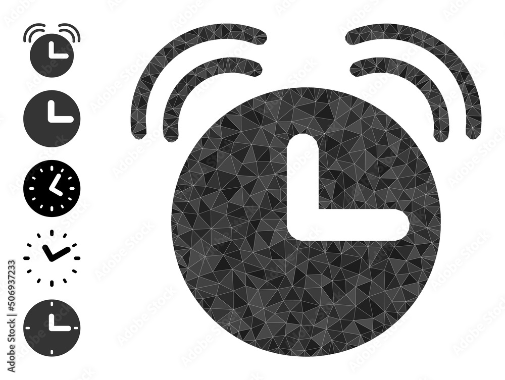 Poster vector lowpoly alarm clock icon illustration is designed of scattered filled triangles. triangulated