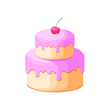 Birthday cake with cherry and pink topping in flat style. Cake with candles. Vector illustration.	
