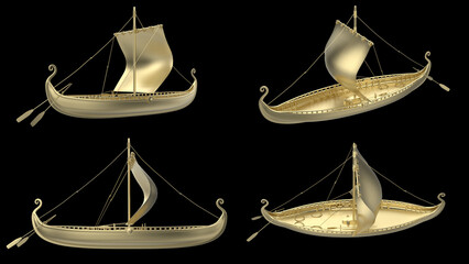 ancient golden ship on a black background 3d rendering illustration