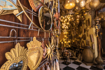worked brass lamps, souk street, marrakesh, morocco, africa