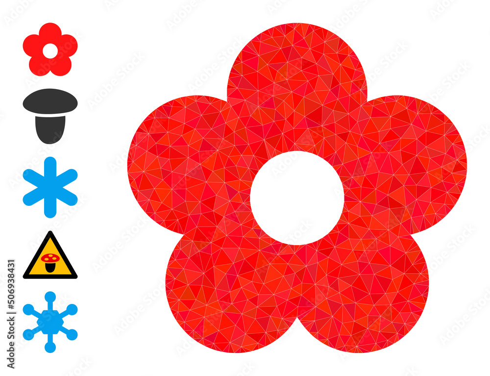 Poster vector lowpoly flower icon image is combined with chaotic filled triangles. triangulated flower poly