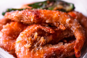 Fried king shrimps close-up, tasty, crispy, large, photo with shallow depth of field. Delicious food concept.