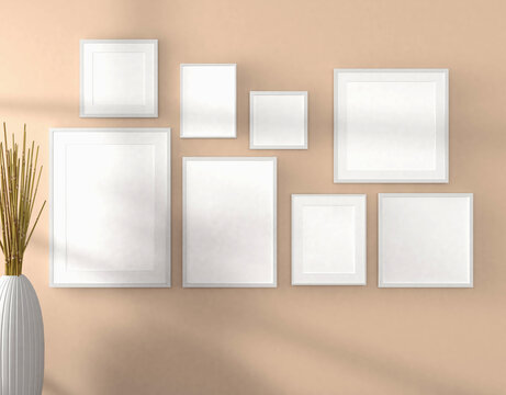 mock up gallery with 5 different frames on the wall and 8 Frames , 3D rendering, 3D illustration