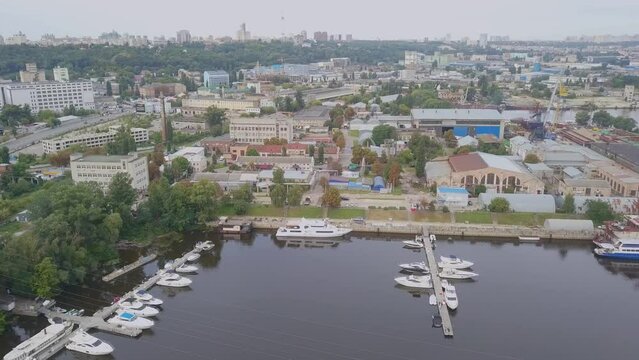 an aerial view of the river dnipro with yachts in podol district, kiev, ukraine, eastern europe