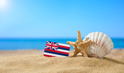 Fototapeta na wymiar Tropical beach with seashells and Hawaii flag. The concept of a paradise vacation on the beaches of Hawaii.