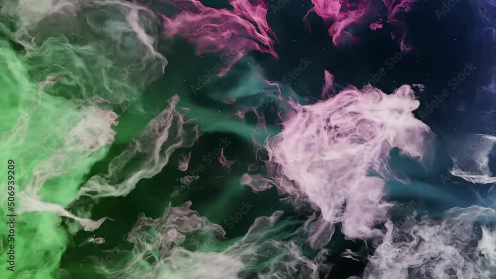 Poster moving 3d streams of smoke on black background. design. dynamic flow of colorful fog on black backgr