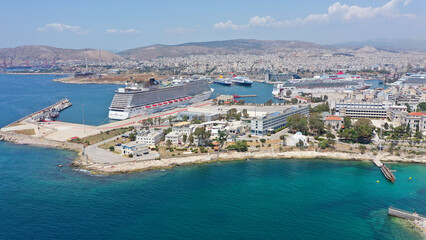Aerial drone photo of famous seaside area of Peiraiki in the heart of urban Piraeus, Attica, Greece