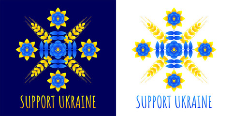 Poster on the theme of Ukraine. Flat pattern based on Ukrainian embroidery in the yellow-blue colors of the national flag of Ukraine. Support Ukraine.