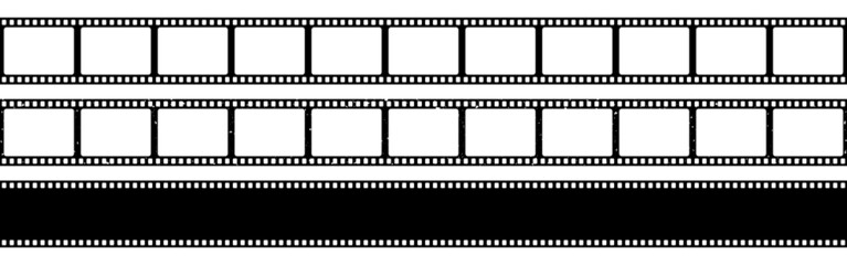 Film strip. Old cinema strips collection. Film frame template. Camera roll on white background. Empty grunge photo frames. Analog negatives. Vector illustration