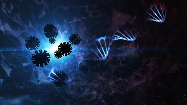 Three-dimensional Coronavirus covid-19 and dna chain structure animation. Concept science copy space background.	
