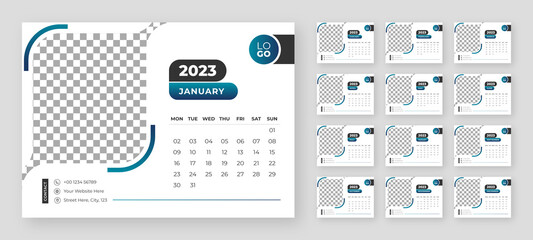 Desktop Monthly Photo Calendar 2023. Simple monthly horizontal photo calendar Layout for 2023 year in English. Cover Calendar and 12 months templates. Week starts from Monday. Vector illustration - obrazy, fototapety, plakaty