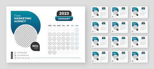 Desktop Monthly Photo Calendar 2023. Simple monthly horizontal photo calendar Layout for 2023 year in English. Cover Calendar and 12 months templates. Week starts from Monday. Vector illustration