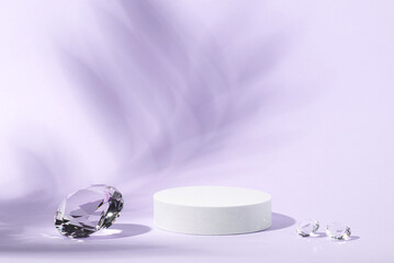 White podium with diamonds on a lilac background for product presentation. Minimal concept and hard...