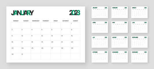 Desktop Monthly Photo Calendar 2023. Simple monthly horizontal photo calendar Layout for 2023 year in English. Cover Calendar and 12 months templates. Week starts from Monday. Vector illustration - obrazy, fototapety, plakaty